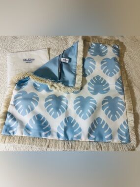 Hofdeco Premium Coastal Monstera Leaf Pillow Cover with fringe - Baby Blue 20x20